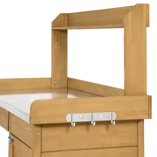 Natural Fir Wood Potting Bench with Metal Top, Storage, Shelves and Hooks {4}