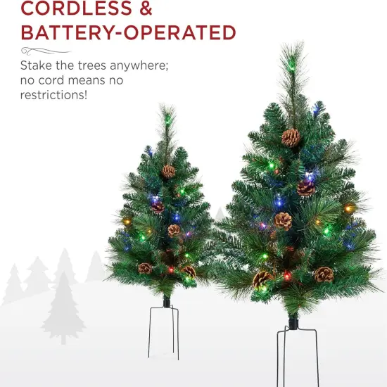 24.5in Pre-Lit Outdoor Christmas Trees, Battery Operated Holiday Pair with LED Lights Green {6}