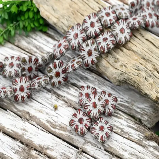 *13* 11mm Antique White Washed Opaque Red Travertine Square Zinnia Flower Beads {3}