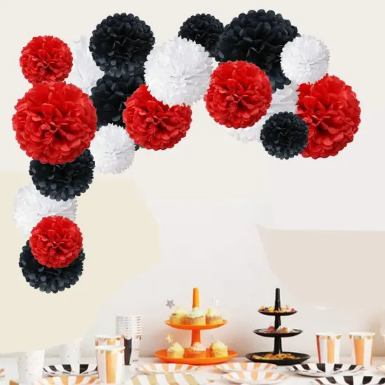 Tissue Paper Pom Poms, Paper Flower Ball for Birthday Party Wedding Baby Shower Bridal Shower Festival Decorations, 18 Pcs - Red Black White {5}
