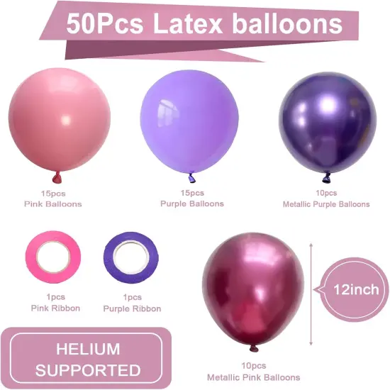 Pink and Purple Party Balloons, 50Pcs 12 Inch Purple Pink Balloons, Metallic Pink Purple Latex Balloons Birthday Party Balloons for Girls Birthday Baby Shower Wedding Party Decorations {5}