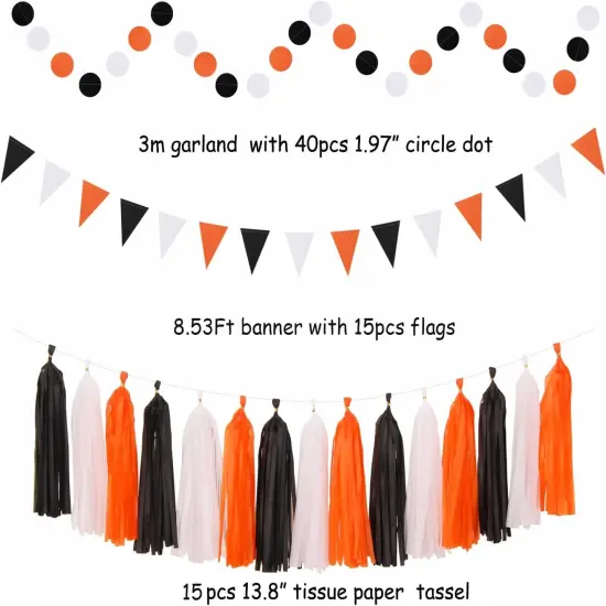 Black White Orange Halloween Party-Decorations - 33pcs Birthday Banner,Streamers Tassel Garland,Paper Lantern Fans,Tissue Pom Poms,Bachelorette Baby Bridal Shower Graduations Backdrop Decor {4}