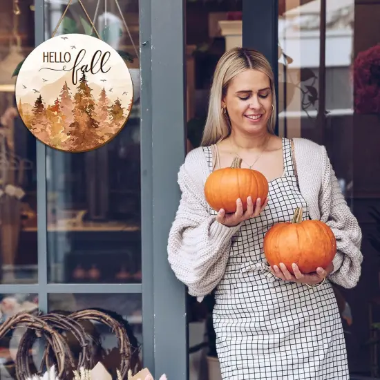 Hello Fall Forest Wooden Hanging Sign Rustic Watercolor(Brown, Beige) {2}