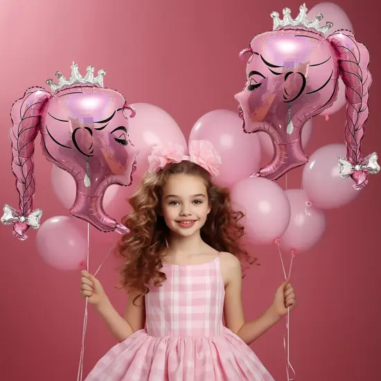 2Pcs Pink Princess Foil Balloon Bow Girl Head(Hot Pink) {6}