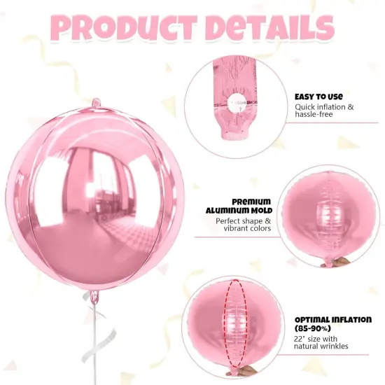 6Pcs Large Metallic Pink Round Balloons(Pink) {4}