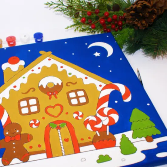 Angels Craft Paint by Number Canvas Set - Christmas Candy Cottage | Includes: 1 Pre-printed Canvas, 6 Acrylic Paint pots, 1 Artist Brush {3}