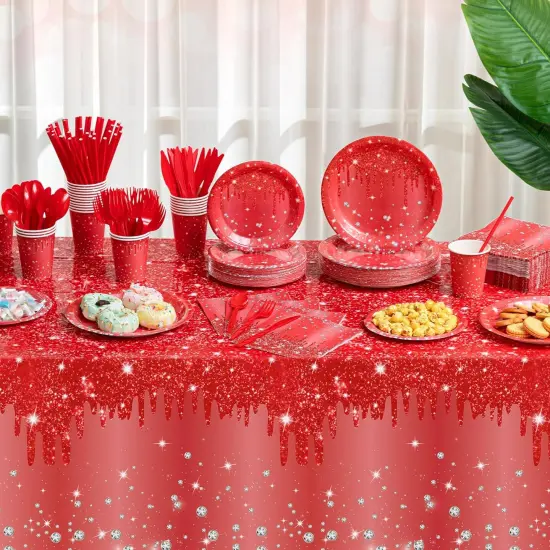 452 Pcs Red Birthday Party Decoration Include Red Diamond Paper Plates Napkins Cups Tablecloth Cutlery Straws Tableware {5}