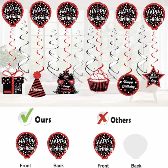 Birthday Decorations Red Black, Happy Birthday Party Decorations for Men Women Boys Girls (48pack), Happy Birthday Banner Gifts, Double-Sided Pattern Card, 9 Pompoms, Hanging Swirl Bday Decor Supplies {5}