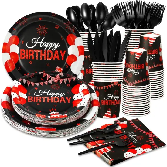168 Pcs Black and Red Birthday Party Supplies Tableware Set Happy Birthday Plates, Knife,Forks,Spoons, Cups and Napkins Table Decorations for Women Girls Birthday Party Decorations, 24 Guests {1}