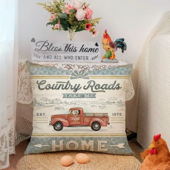 Farmhouse Animal Pillow Covers 18x18 Set of 4 Retro Farmer's Market Truck Rooster Sheep Feed Seed Premium Poultry Farm Home D&eacute;cor Throw Pillow Case Cushion Cover for Sofa {3}