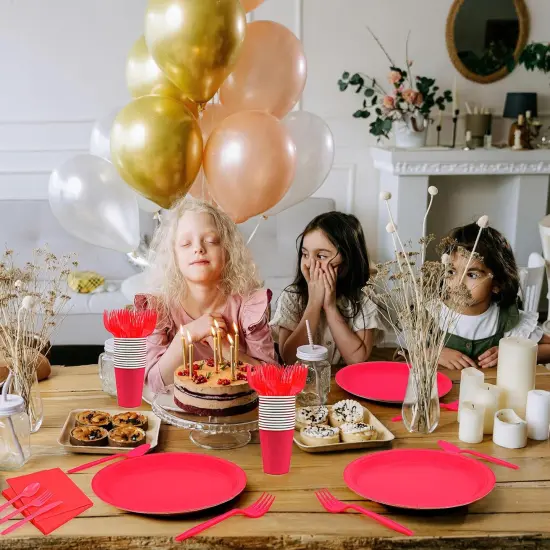 Red Disposable Party Tableware Set - 168pc Premium Paper Plates, Napkins, Forks & Tablecloth for Birthday, Weddings, Celebrations {2}