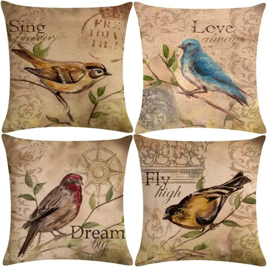 Set of 4 Vintage Bird Pillow Covers Birds On The Branch with Inspirational Words/Sing/Love/Dream/Fly Cushion Cover Cotton Linen Home Decorative Pillowcases {1}