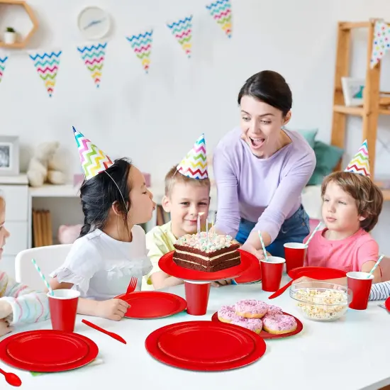 228PCS Red Party Supplies Set Include Paper Plates Cups Red Napkins Plastic Spoons Forks Knives for 30 Guests Disposable Party Dinnerware {4}
