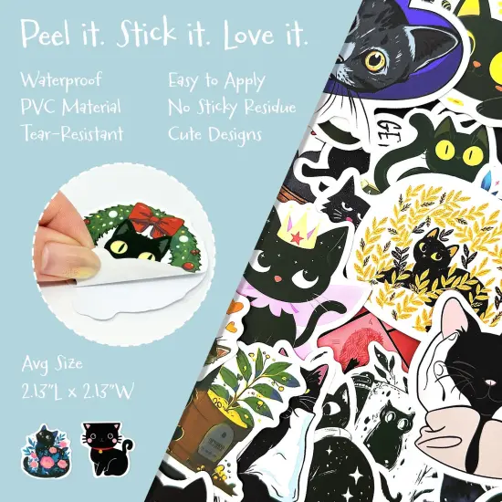 Wrapables Waterproof Vinyl Stickers for Water Bottles, Laptop, Phones, Skateboards, Decals for Teens, 100pcs, Black Cats {2}