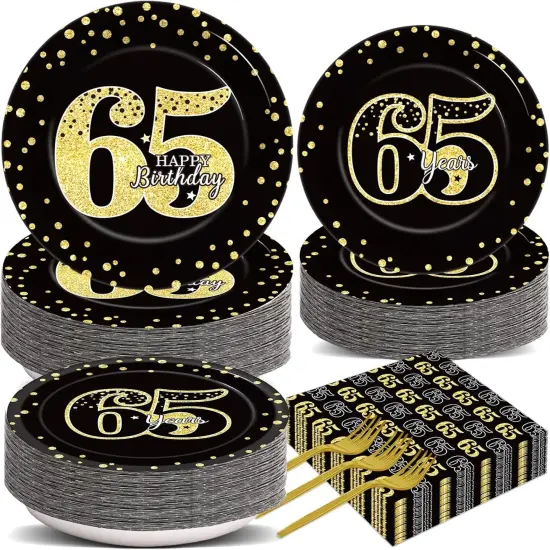 200Pcs 65th Birthday Party Supplies Happy 65th Birthday Gold Black Tableware Dinnerware Set 65 Years Old Plates and Napkins {1}