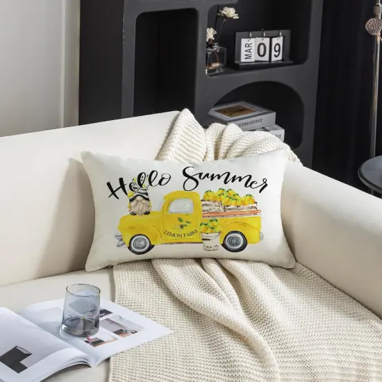 Hello Summer Throw Pillow Cover 12x20 Inch Yellow Truck Lemon Gnome Decorative Pillowcase Farmhouse Seasonal Lumbar Cushion Case for Sofa Couch Porch Home Decor {2}