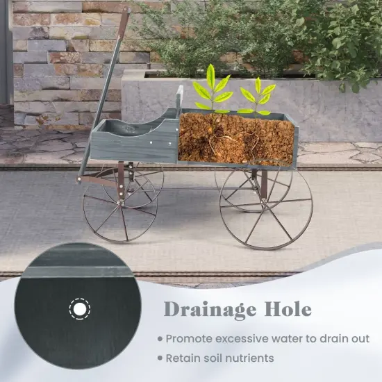 Wooden Garden Wagon Planter with Handle & Wheels Grey {4}