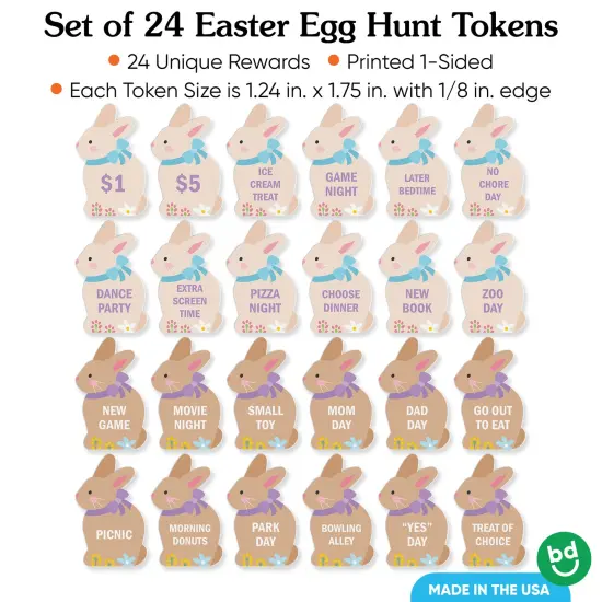 Big Dot of Happiness Spring Easter Egg Hunt Token Stuffers, 24 Count Bunny Shape Egg Filler Tokens with Fun Rewards for Kids, Reusable Easter Activity, Egg Hunt Supplies {5}