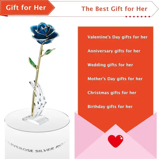 Gold Dipped Rose, 24K Gold Rose Made from Real Rose - Unique Design Gold Plated Rose for Anniversary Valentines Mothers Day Birthday Gifts (Blue Rose with Stand) {5}