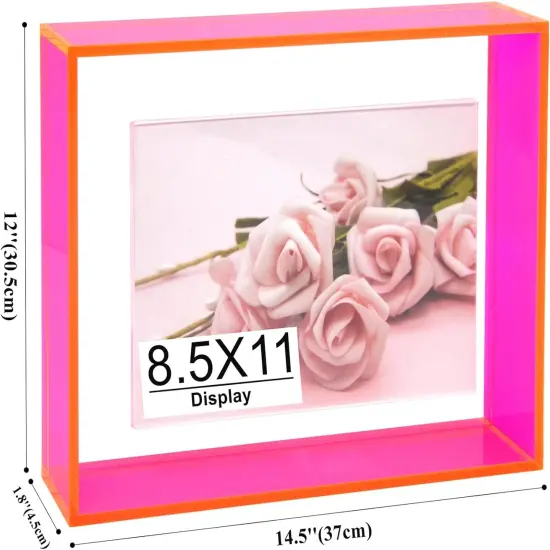 8.5 x 11 Acrylic Picture Frame Neon Floating Photo Frame of Wall Mount Desk Tabletop for Certificate Diploma Document Award Degree, Neon Pink {2}