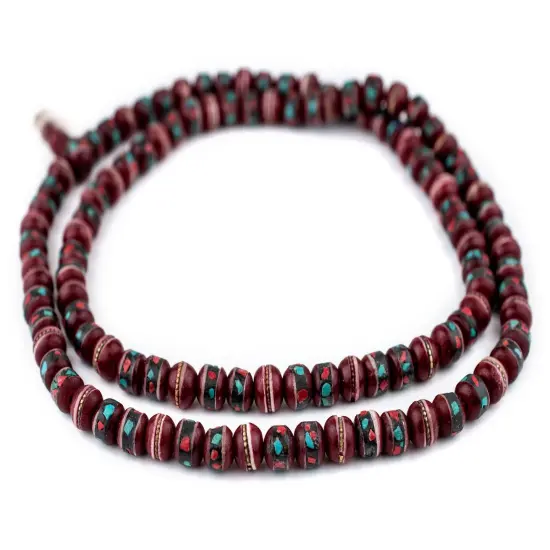 The Bead Chest Crimson Red InlaidBone Mala Beads 10mm Nepal Round Large Hole 31 Inch Strand {3}