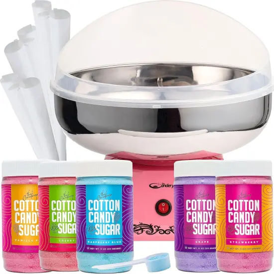 The Candery Cotton Candy Machine with Stainless Steel Bowl 2.0 and Floss Bundle- Use to Floss Sugar Floss, Candy for Birthday Parties Fairs, Festivals- Includes 5 Floss Sugar Flavors 12oz Jars and 50 {1}