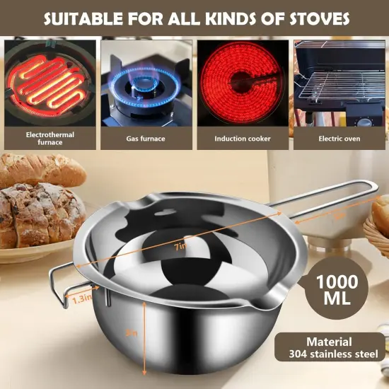 5pcs Double Boiler Melting Pot Set - 600ML/0.6QT and 1000ML/1QT Chocolate Stainless Steel Melting Pot, Decorating Spoons, Silicone Spatula and Dipping Tool for Melting Chocolate, Candy, Soap {5}