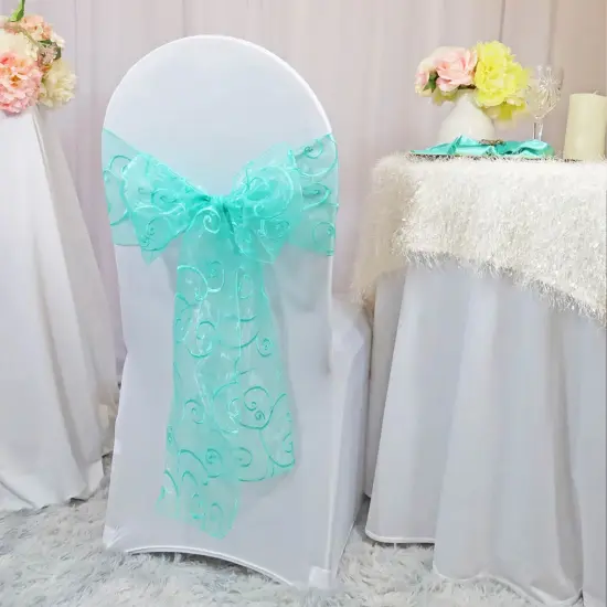 10 Pieces Tiff Blue or Aqua Blue Embroidered Organza Chair Sashes 8"x108" Luxury Event & Wedding Decor {2}
