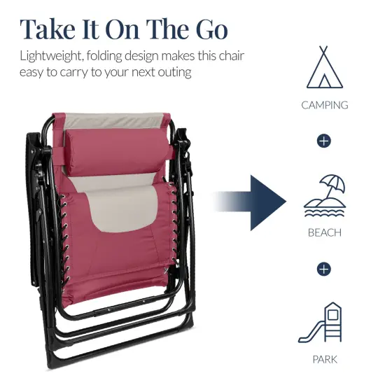 Best Choice Products Oversized Padded Zero Gravity Chair, Folding Outdoor Patio Recliner w/ Side Tray Pink/Taupe {5}