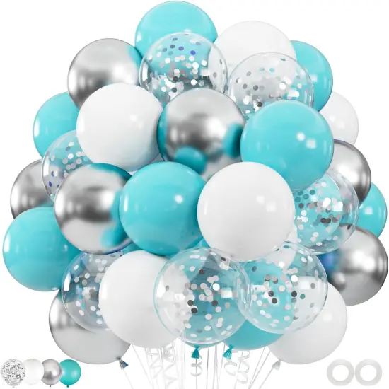100pcs Teal Blue White Silver Confetti Latex Balloons {1}