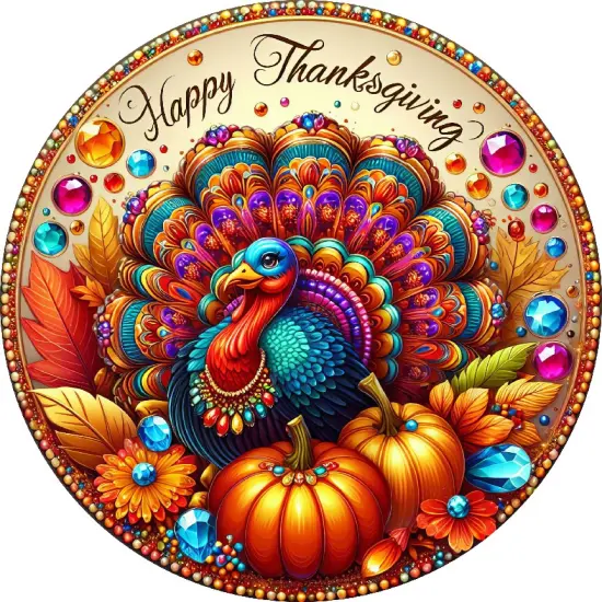 Happy Thanksgiving Jewel Turkey Round Sign {2}