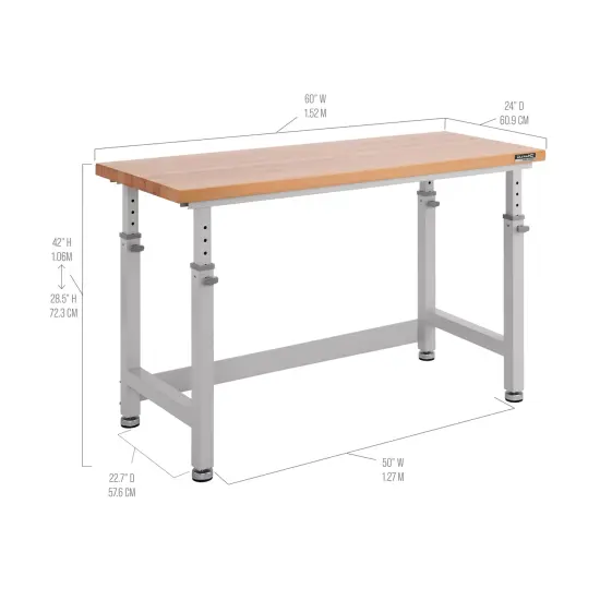 Seville Classics UltraHD Height Adjustable Workbench, 60" W x 24" D x 28.5" to 42"H White {7}