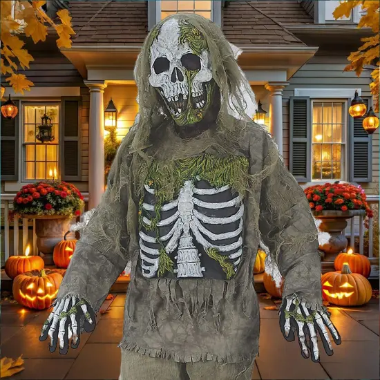 Boy's Skeleton Zombie Costume Halloween Scary Undead Tattered Bones Outfit with Mask and Gloves {6}