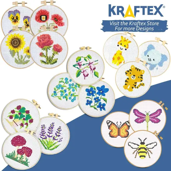 Cross Stitch Kits for Beginners (Flower Theme - 6.75 Inch - 4 Pack 1 x Embroidery Hoop) DIY Embroidery Needlepoint Patterns for Adults {6}