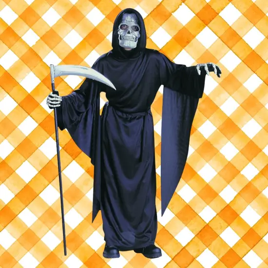 Horror Robe Boys Costume Halloween Black Hooded Robe Belt Scary Party Outfit {1}