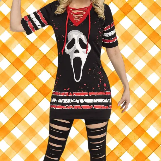 Adult Ghost Face Dress Costume Halloween V-Neck Iconic Mask Print {3}
