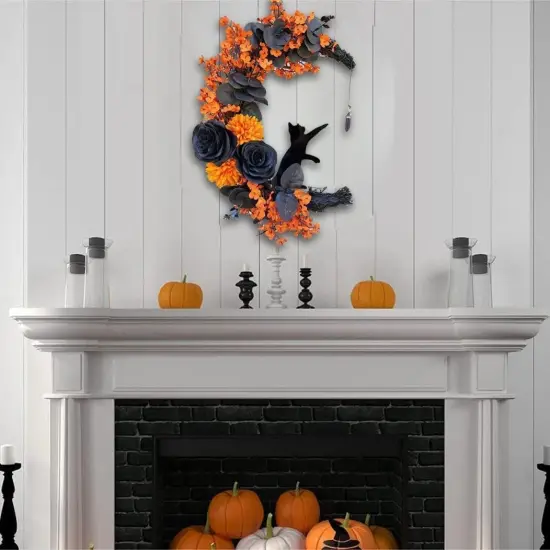 Halloween Wreaths Moon Cat Wreath Garland for Front Door with Lights - Yellow {2}
