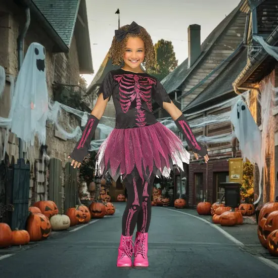 Skele Girl Pink Child Costume Skeleton Print Tutu Skirt Gloves {2}