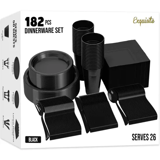 Exquisite 182 Pcs Plastic Plates for Party &ndash; Disposable Plates Set &ndash; 26 Each of 9" Dinner Plates, 7" Dessert Plates, Plastic Cups, Napkins & Plastic Cutlery &ndash; Plastic Dinnerware by Party Solids Black {1}