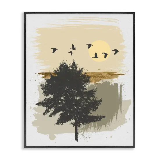 Birds Flying Over Tree Quick Abstract Grunge Painting Framed Giclee Art Black {1}