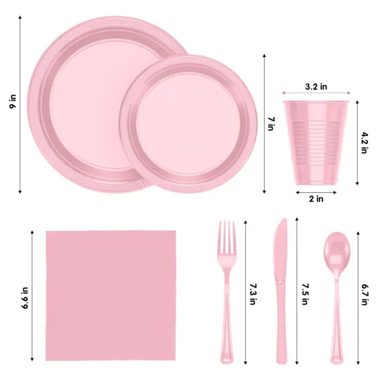 Exquisite 182 Pcs Plastic Plates for Party &ndash; Disposable Plates Set &ndash; 26 Each of 9" Dinner Plates, 7" Dessert Plates, Plastic Cups, Napkins & Plastic Cutlery &ndash; Plastic Dinnerware by Party Solids Pink {2}