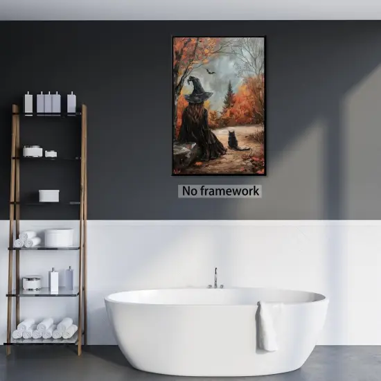 Witch and Cat Oil Painting Wall Art Vintage Halloween {3}