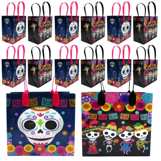 TINYMILLS Day of the Dead Gift Bags with Handles, 12-Pack, Dia de los Muertos Party Favor Bags {1}