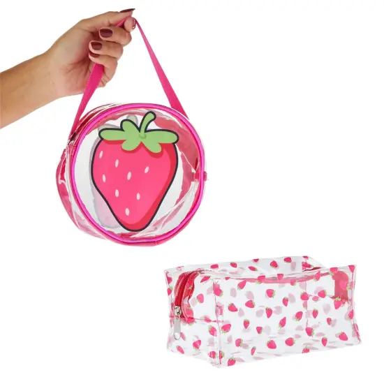 Set of 2 Strawberry Makeup Bag for Face Powder, Mascara, Lipgloss, Clear Travel Bags for Toiletries (2 Designs) Pink {4}