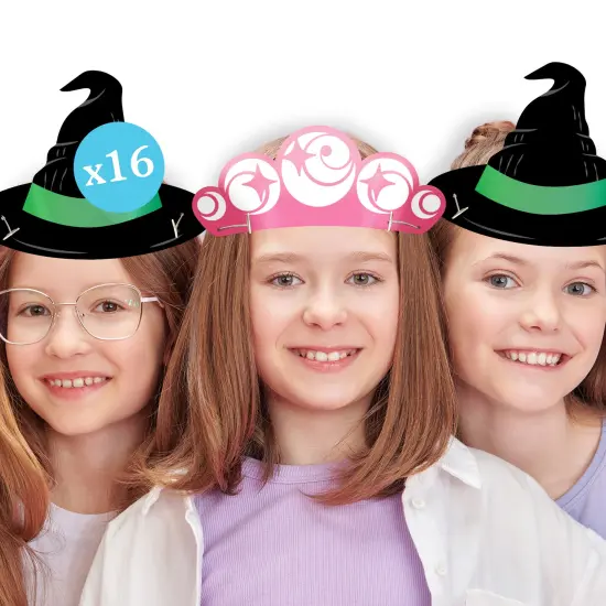 Big Dot of Happiness Paper Witch Hat and Pink Crown Headbands, Pink and Green Girls' Birthday Party, DIY Halloween Costume Party Hat Favors, 16 Count {1}