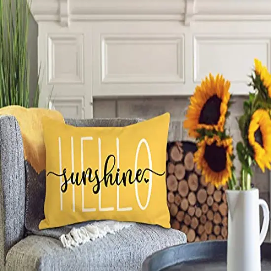 4TH Emotion Hello Sunshine Pillow Cover Farmhouse Yellow Lumbar Pillow Cover Spring Summer Decorations Cushion Case for Sofa Couch Polyester Linen 12x20 Inches {3}