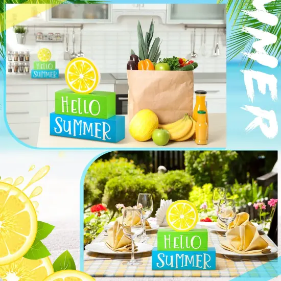 3 Pieces Summer Wooden Block Decor for Home Lemon Wooden Tiered Tray Block Decor Rustic Hello Summer Sign for Living Mantle Kitchen Table Party Decoration {3}