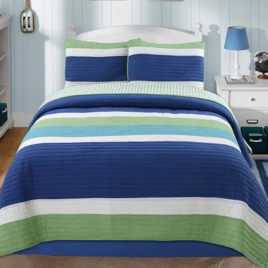 Navy Blue/Green/Teal/White Stripe 100-Percent Cotton Quilt Set {1}