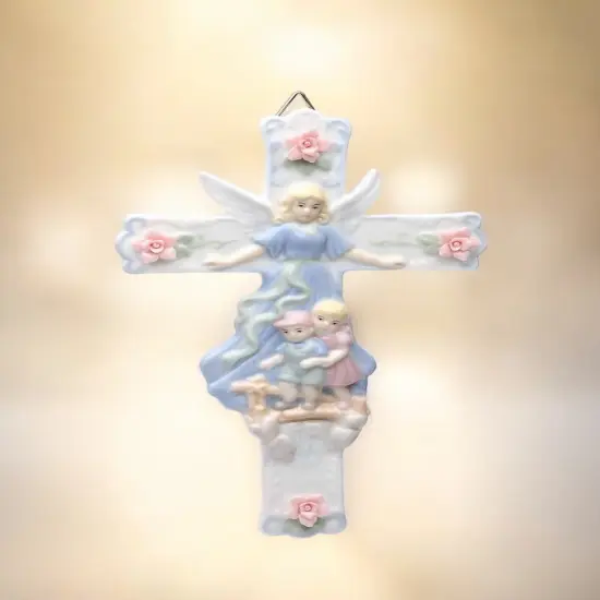 Ceramic Guardian Angel Watching Over Children Cross, Religious Decor or Gift, Baptism Gift {2}