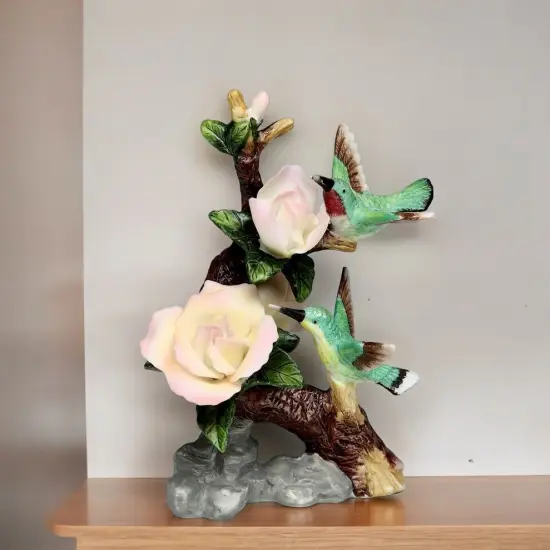 Ceramic Hummingbirds with Rose Flower Figurine, Gift for Birdwatcher, Gift for Her, Gift for Mom, Home Decor {1}